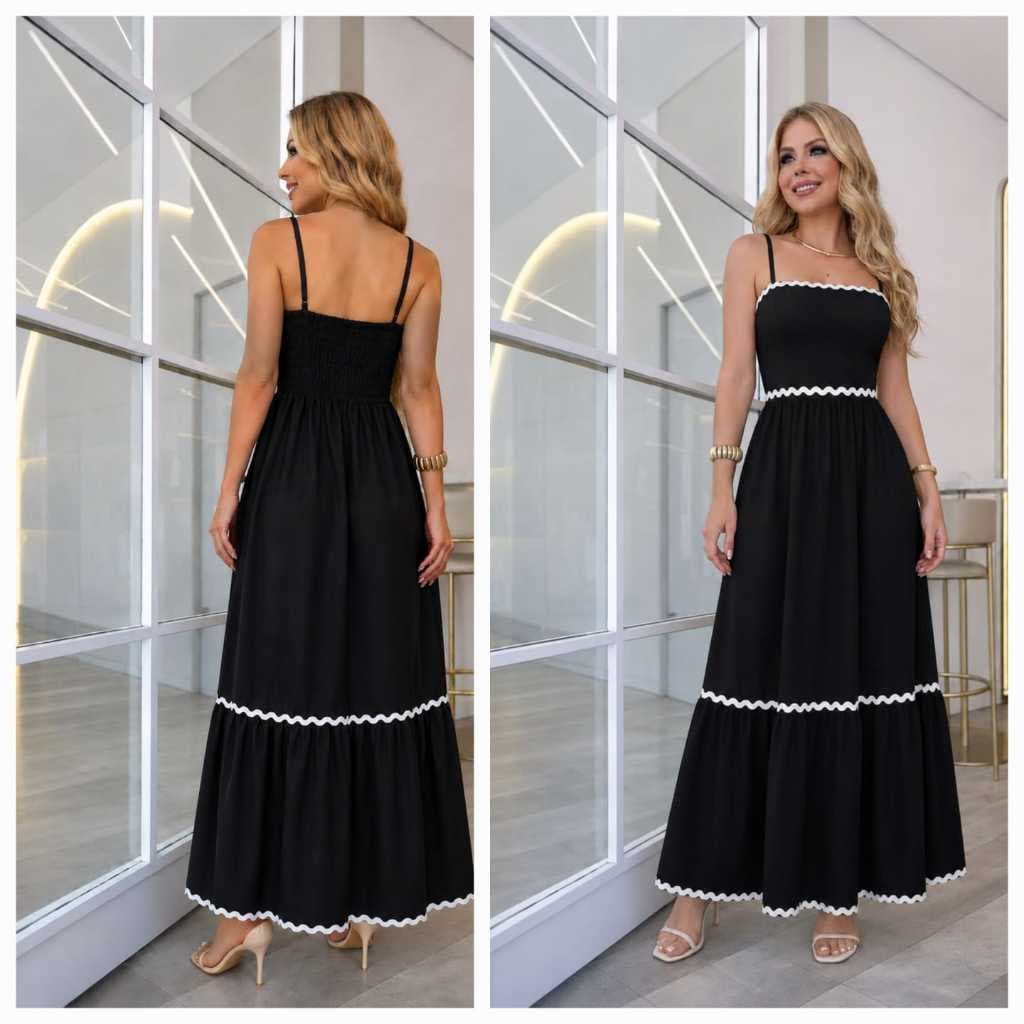 Vestido Longo Feminino com Babado | Costas em Elastex Ajustável | Vestido Chic Casual Festa