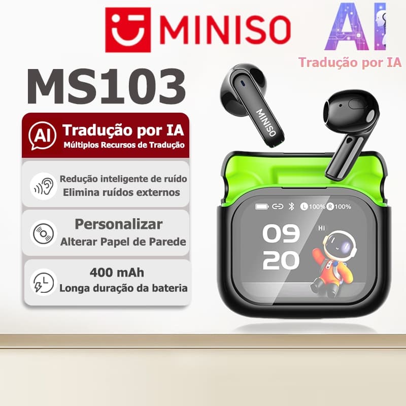 Fone Bluetooth MINISO MS103 com tradução por IA, versão Bluetooth 6.0, tela de alta definição, funções multifuncionais