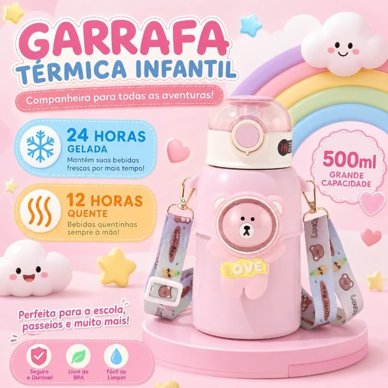 Garrafa térmica 500ml Inox Com manga de copo e canudo Quente e Frio Crianças Padrão de urso pequeno-HYBWB-110