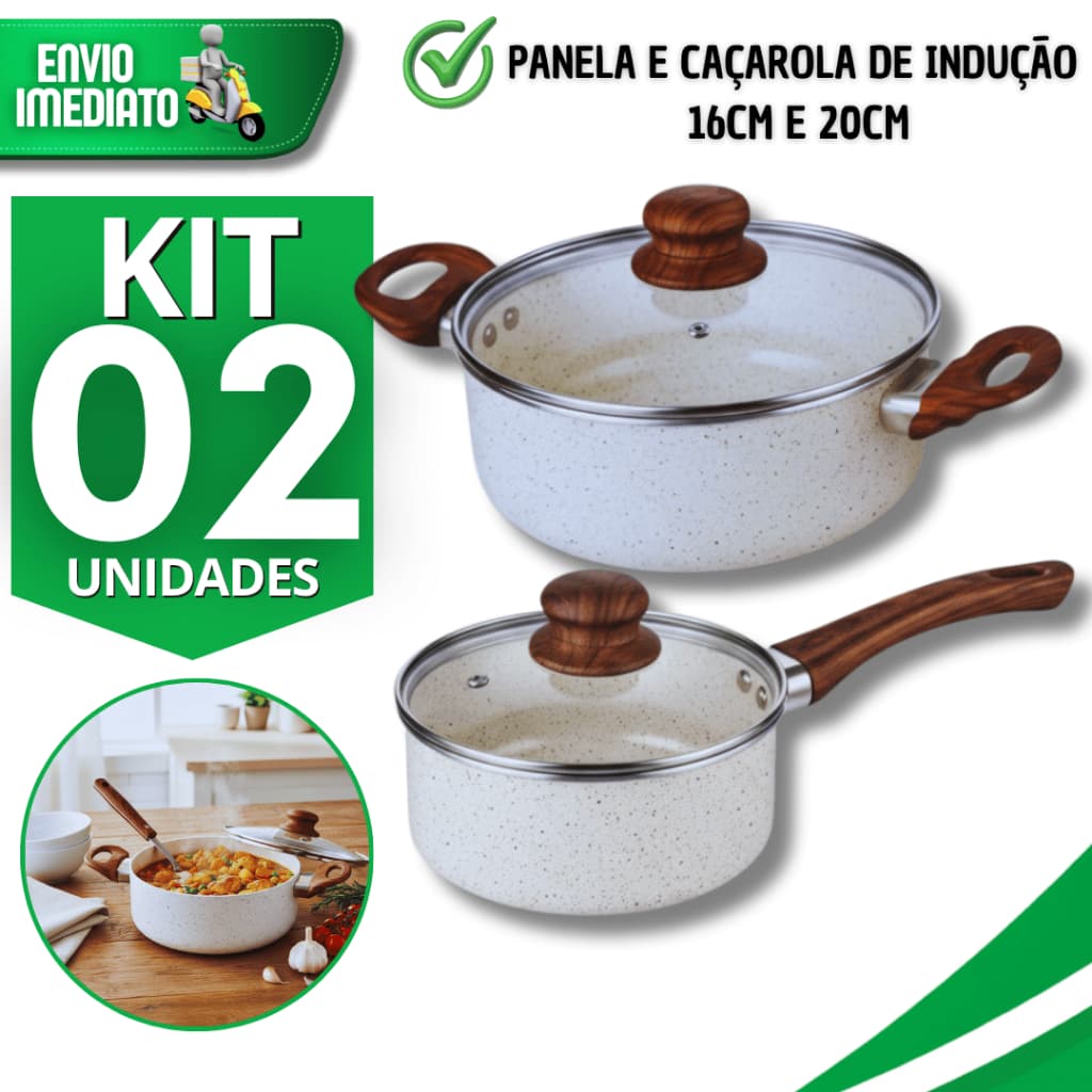 Conjunto Panela 16cm e Caçarola 20cm Indução Antiaderente Cerâmica Não Gruda Tampa Vidro Panelas Multiuso Utensílios