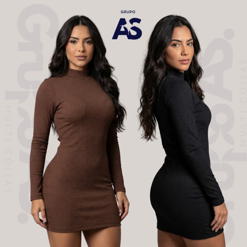 Kit 2 Vestido Gola Alta - Elegante Casual Tecido Anarruga Moda Elegante Lisa Feminina