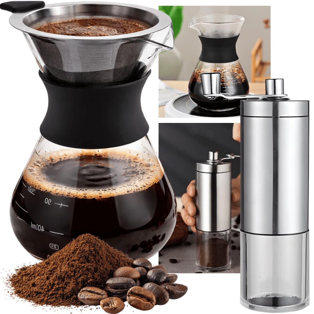 Conjunto Café Artesanal com Moedor de Mão Cafeteira 400ml Filtro Inox Extração Manual Sabor Intenso