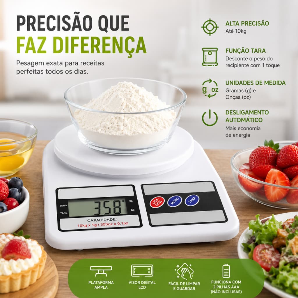 Balança Digital de Cozinha 10kg Portátil com Alta Precisão – Ideal para Nutrição, Dieta, Fitness e Alimentos