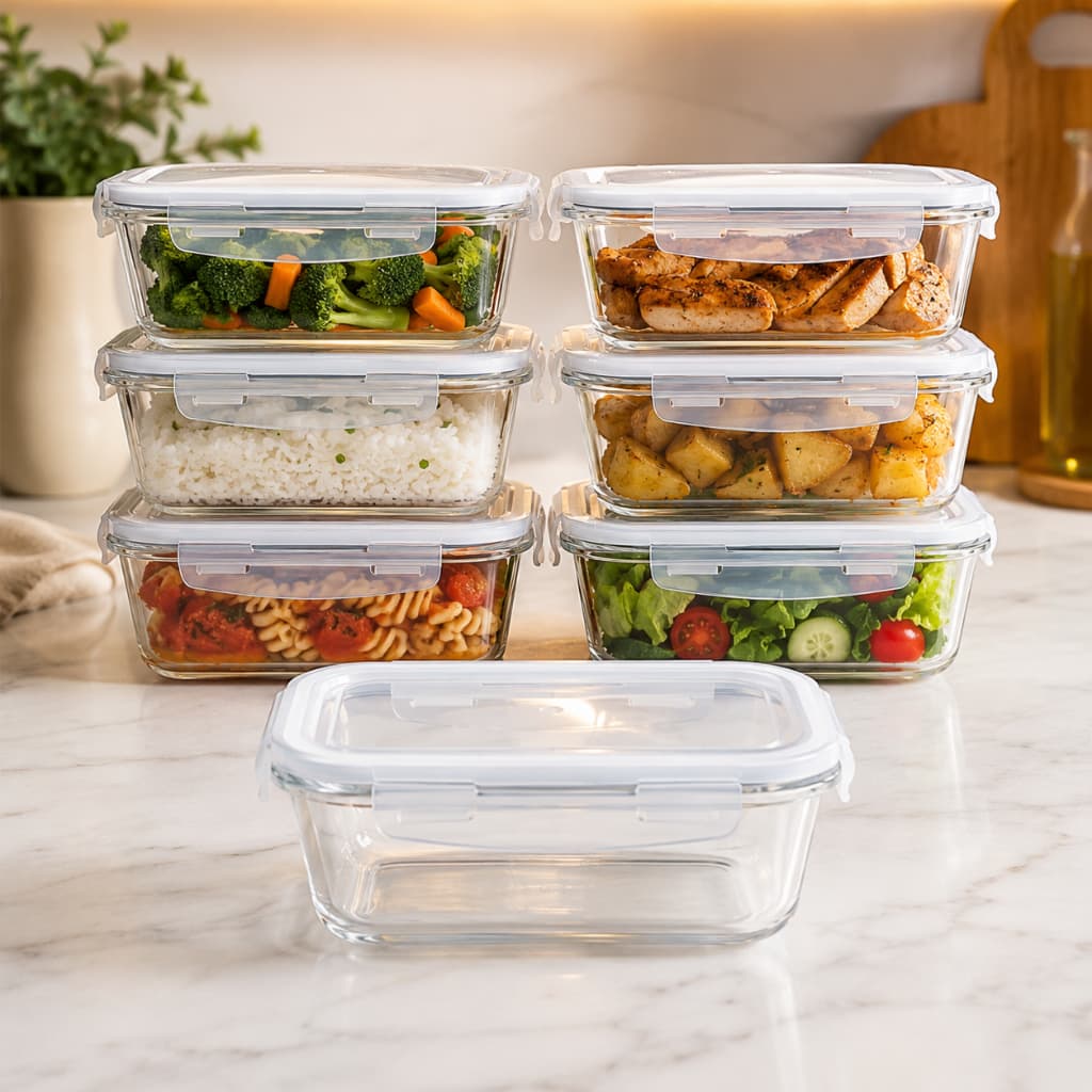 Jogo de 6 potes herméticos de vidro 640ml Alta Vedação Ideal Marmita Fitness Saudável Lanche Frutas Almoço Livre de BPA