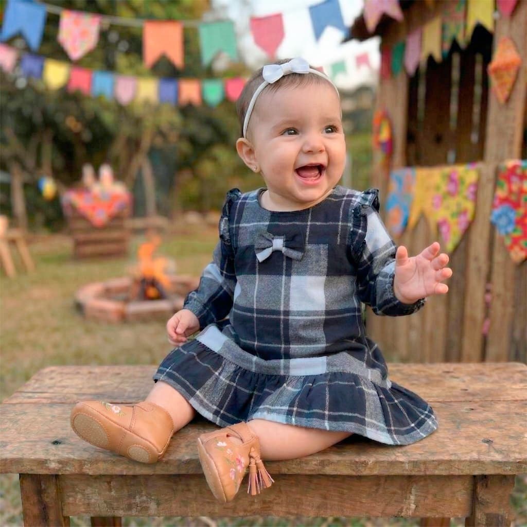 Vestidinho Xadrez Rosa Manga Frufru Com Laço Bebê Menina Hipoalergênico Confortável Festa Junina