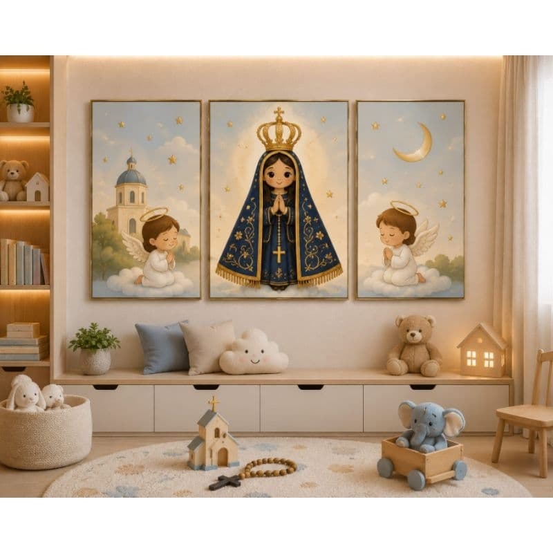 Kit quadro decorativo 3 peças anjo da guarda e Nossa Senhora Aparecida