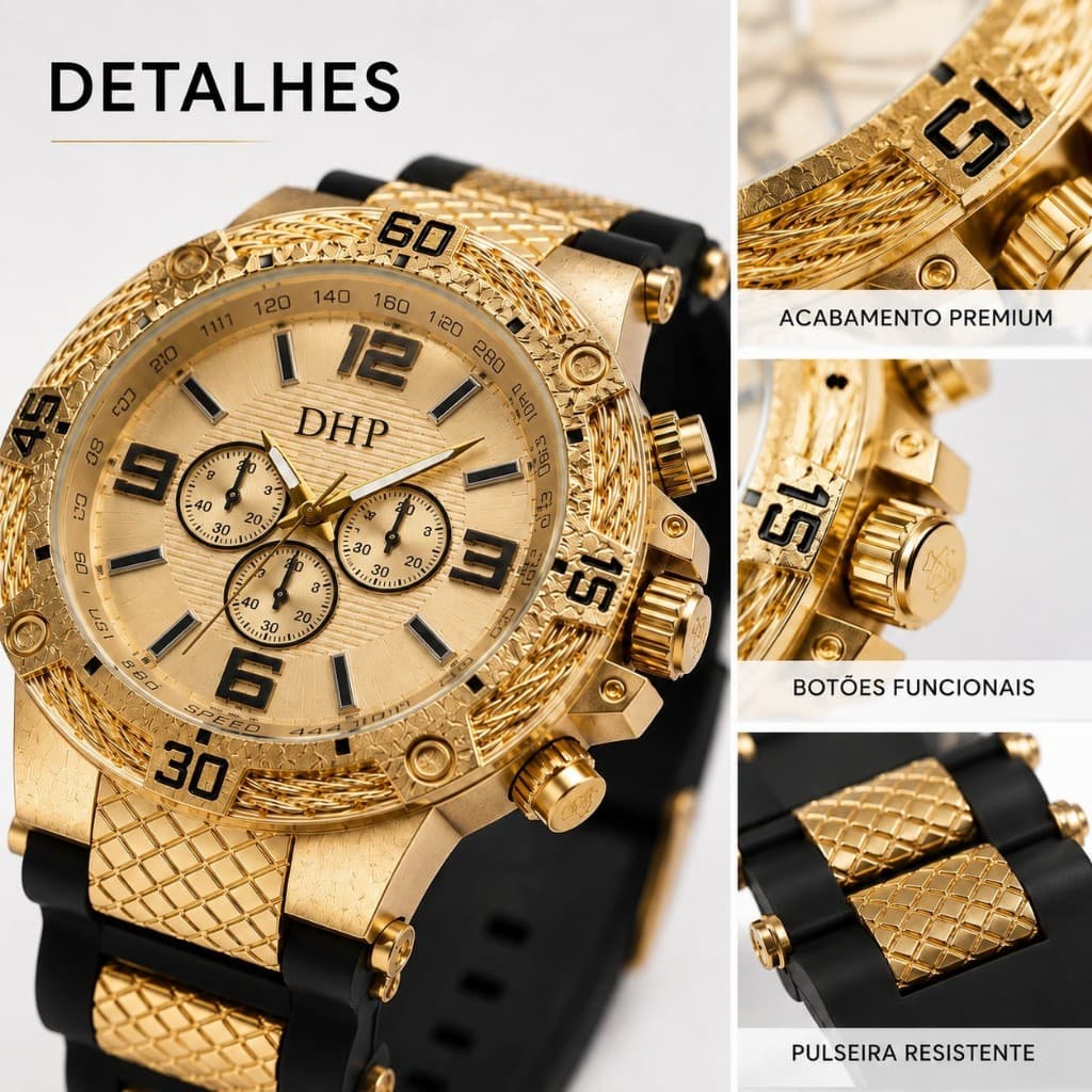 Relógio Masculino DHP Original Dourado Preto Pulseira Premium Á Prova D’Água