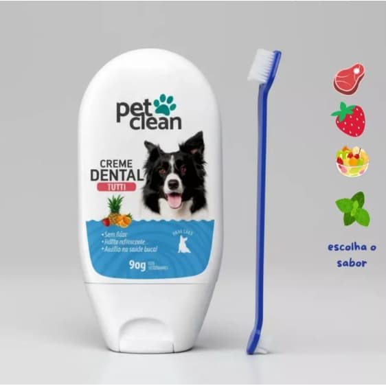 Kit Escova de Dentes Dupla e Creme Dental Pet Clean para Cães Gatos Cachorro Previne Mau Hálito