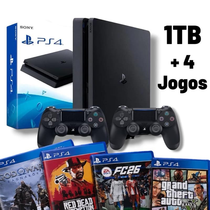 PlayStation 4 Slim 1TB | 4 Jogos CD | 2 Controles - Caixa Original
