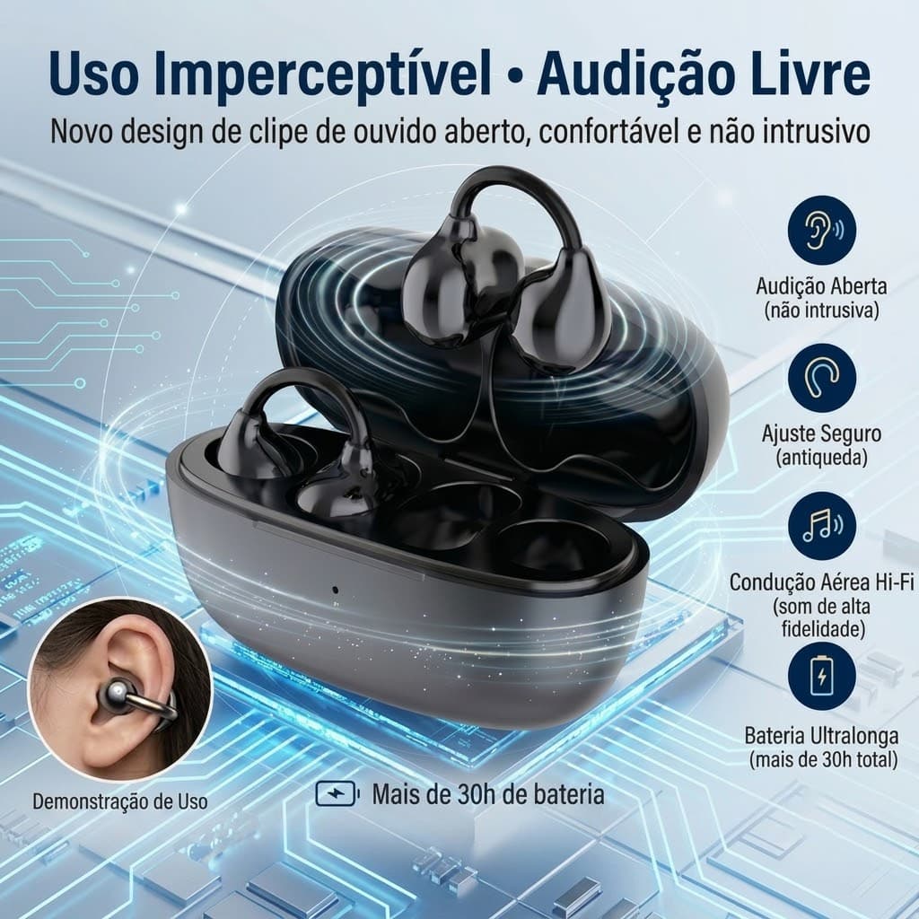 Fone de Ouvido Bluetooth Sem Fio Com Clipe De Orelha 3D Surround Cancelamento de Ruído ENC Com  Microfone