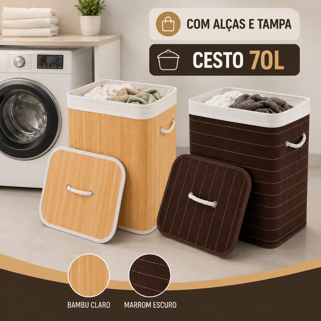 Cesto de Roupa Bambu Com Forro 70L com Alças e Tampa - Organizador forrado Banheiro Grande