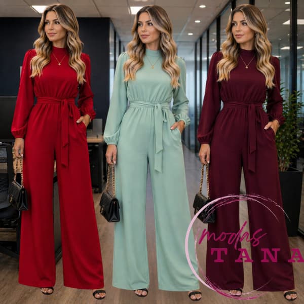 Macacão Feminino Pantalona Manga Longa Elegante com Faixa na Cintura Gola Alta Moda Chic