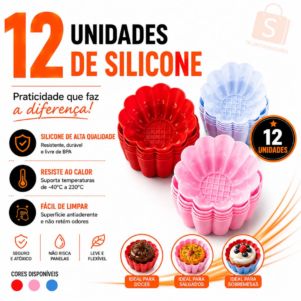 Forma de Silicone para Cupcake Forminha de silicone 12 Unidades Reutilizável Antiaderente Bolo Doce