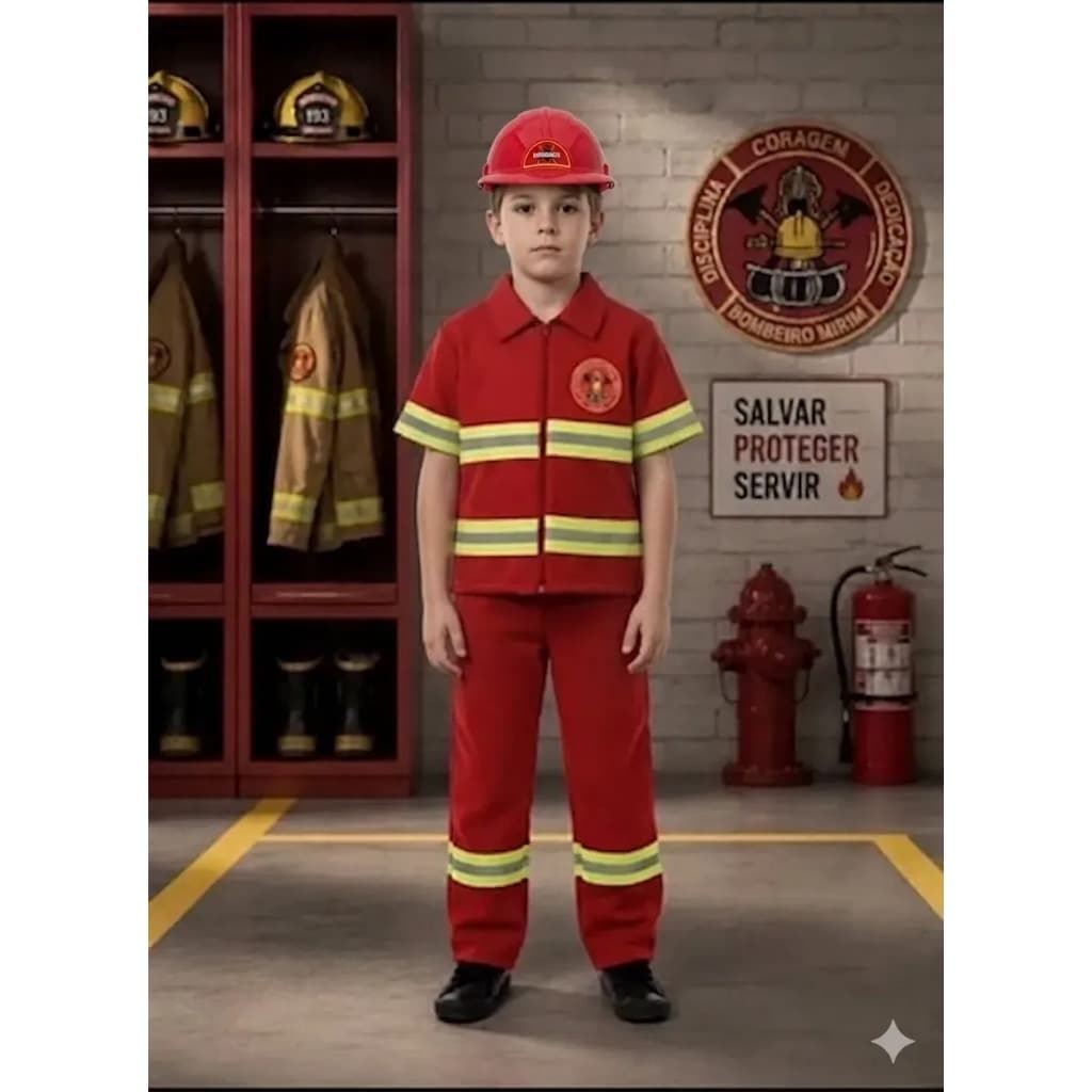 Fantasia Infantil Bombeiro + Capacete 2 á 10 anos