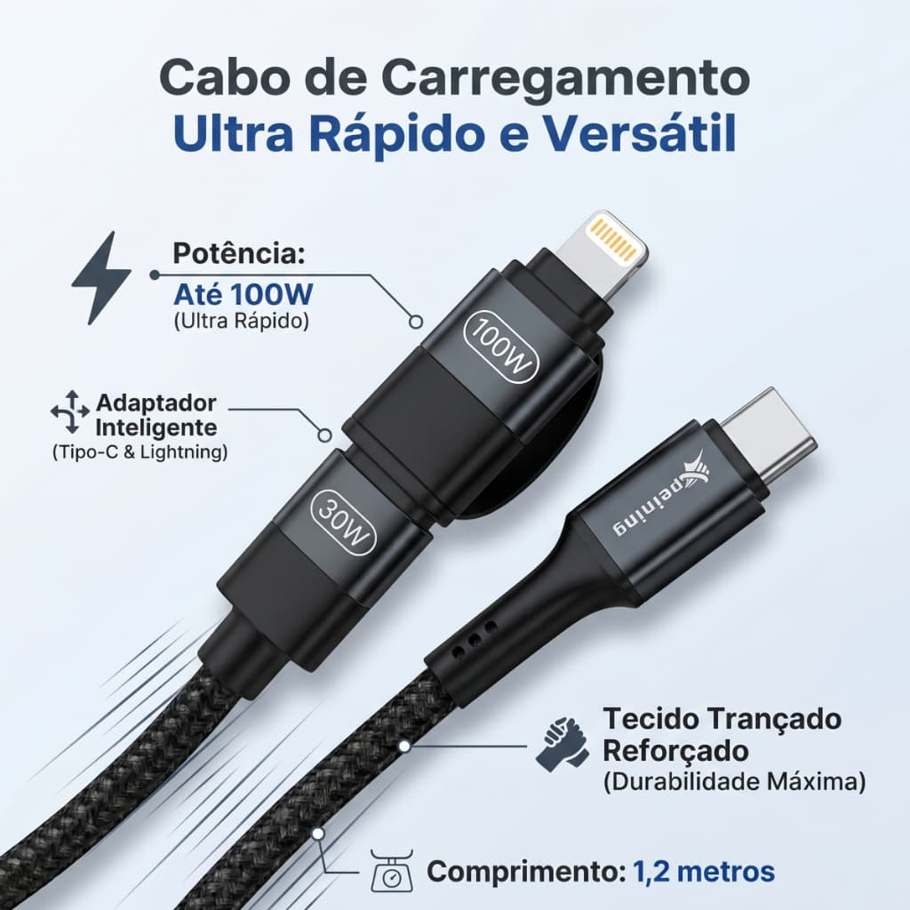 Cabo Carregador Turbo Reforçado Usb-c 100w + Adaptador iPhone 30w Cor Preto