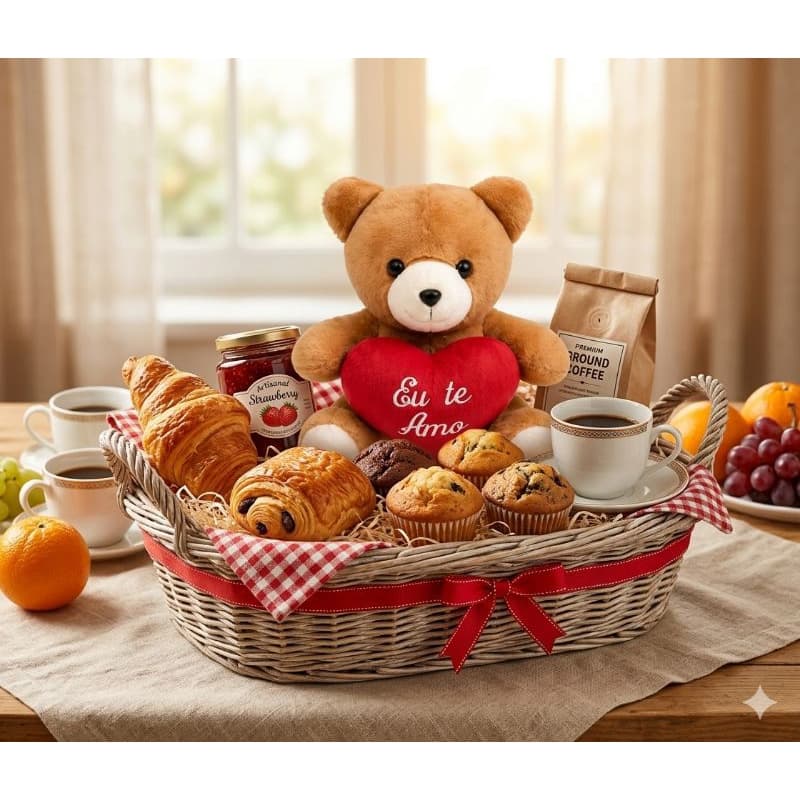 Ursinho de Pelúcia com Coração Bordado “Eu Te Amo” 20cm/ Cestas de Presente/ Cestas de Café da Manha