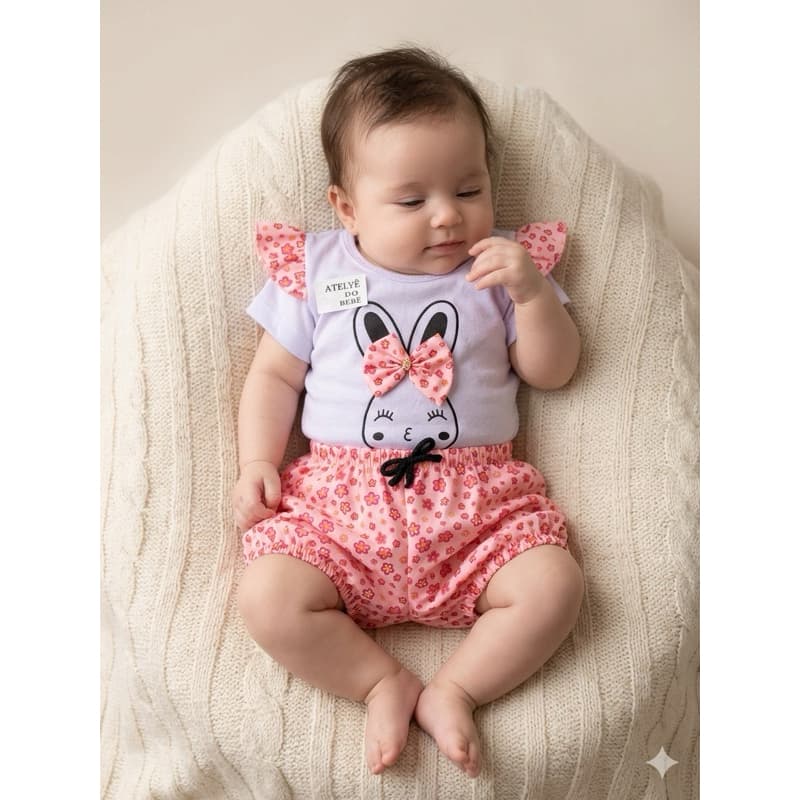 Conjunto coelhinha Bebê Menina veste RN 0 até 7 Meses Algodão 100% Blusinha Short floral Infantil Confortável enxoval