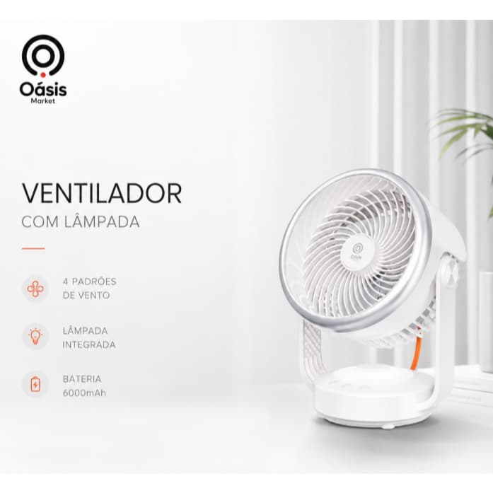 Ventilador Portátil Recarregável Com Lâmpada LED 6000mAh 4 Velocidades USB
