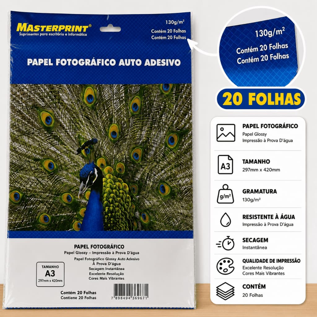 Papel Fotográfico Adesivo A3 130g Glossy Branco 20 Folhas 297x420mm Alta Resolução