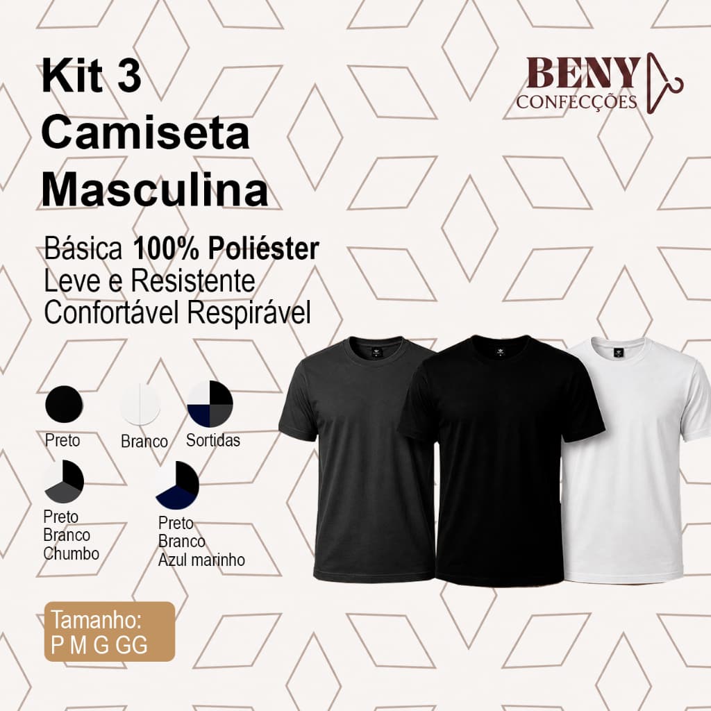 Kit 3 Camiseta Masculina 100% Poliéster Básica l Leve e Resistente l Confortável Respirável