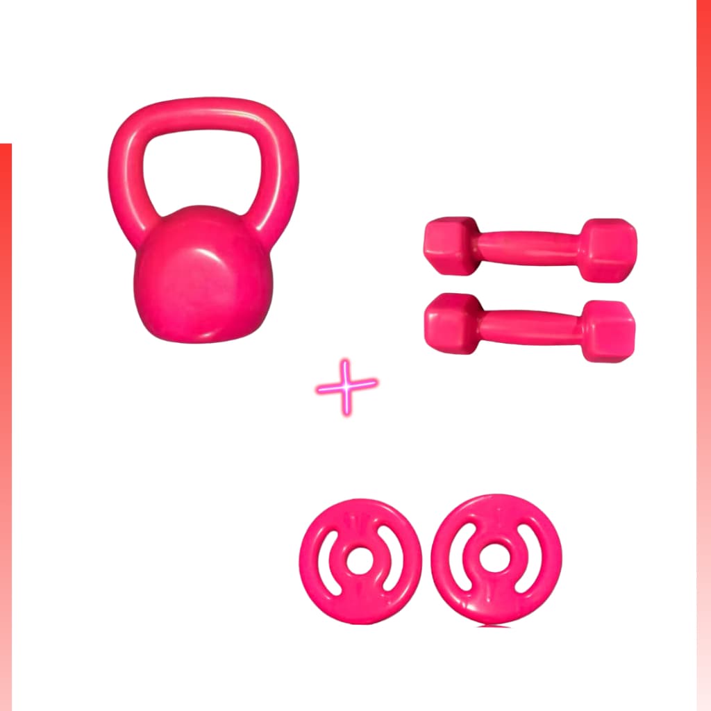 Kit de treino Kettlebel, Halter e Anilhas Rosa Aacademia Treino em Casa Fisioterapia