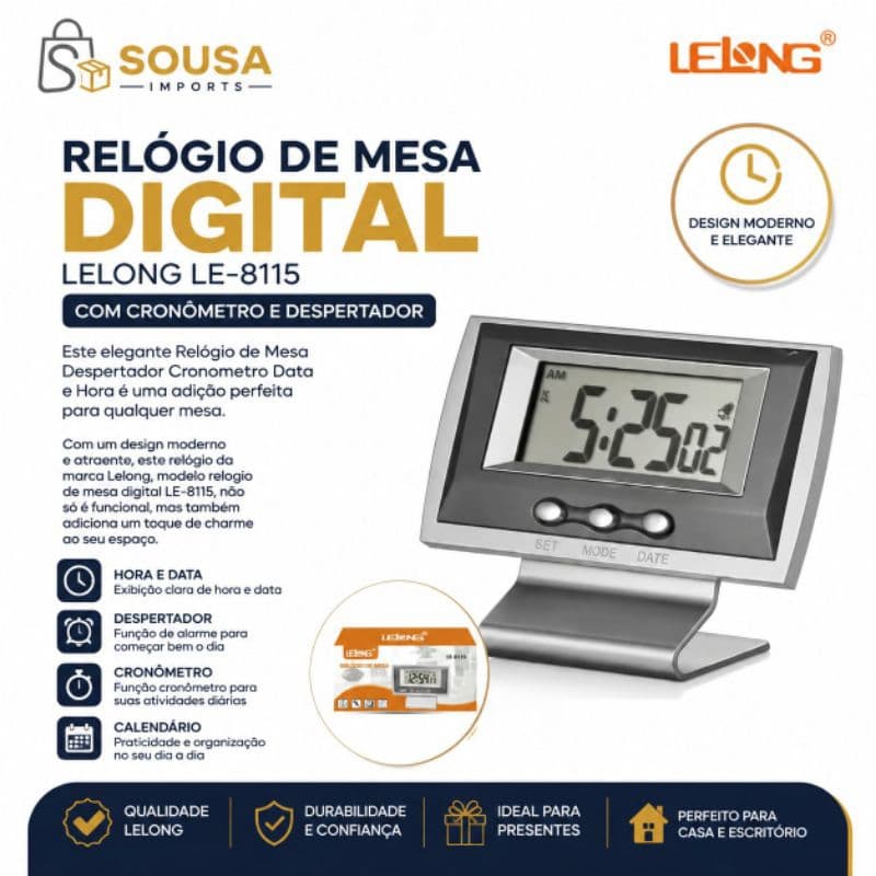 Relógio de Mesa Digital Lelong LE-8115 com Cronômetro e Despertador