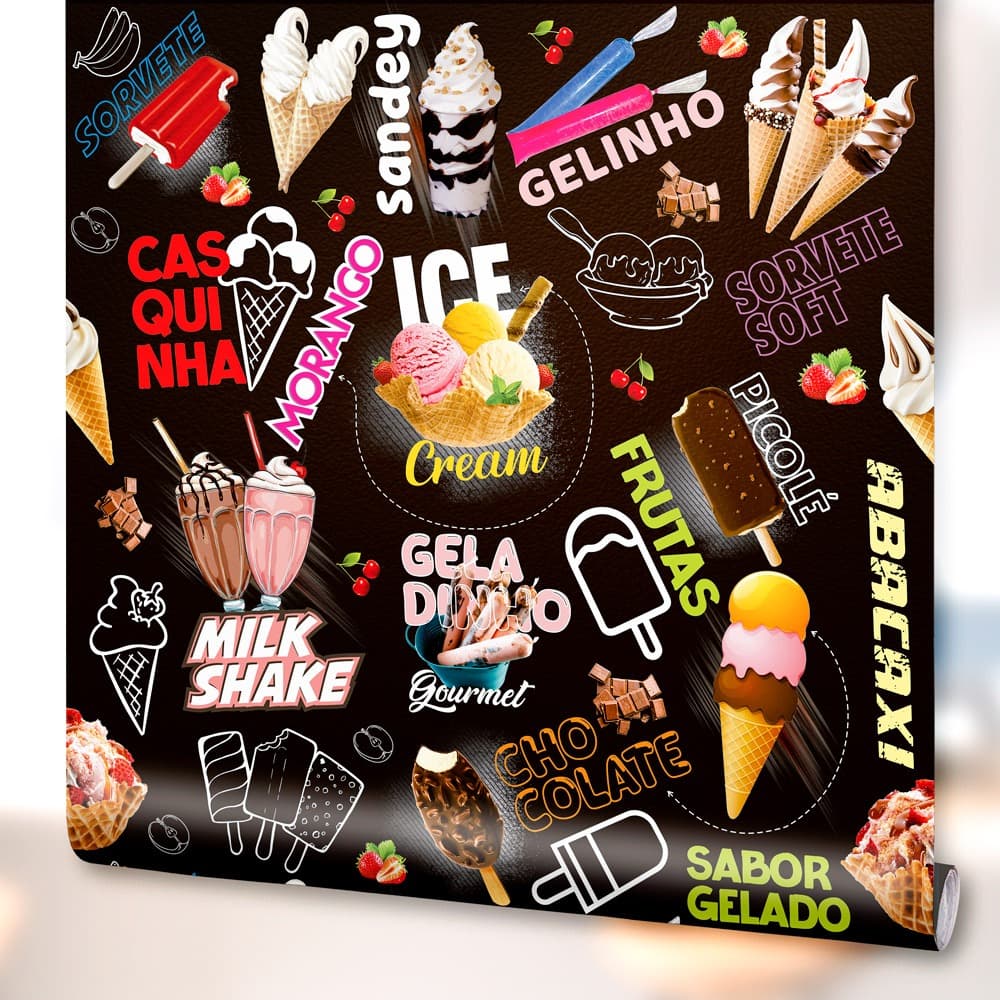 Papel de Parede Decoração Sorveteria Sorvetes Recepção Lavável Preto