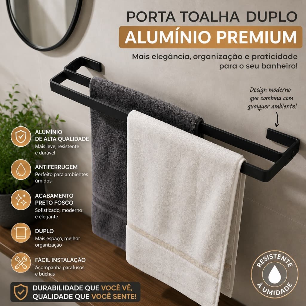 Porta Toalha Duplo Banheiro Preto Fosco Alumínio Premium Quadrado Luxo