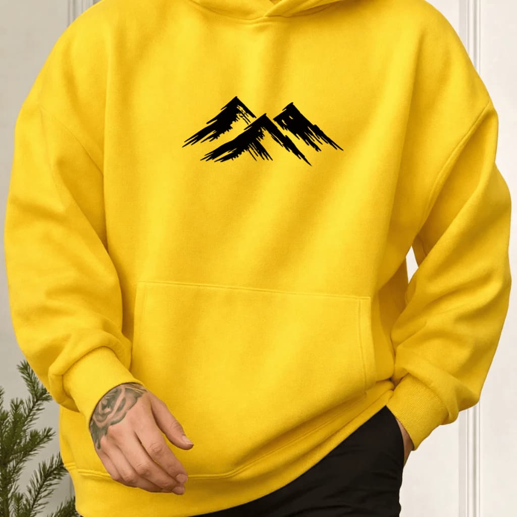 Moletom Masculino Blusa De Frio Canguru Com Capuz E Bolso Quente Confortável 100% Algodão Peluciado Estampado Montanhas