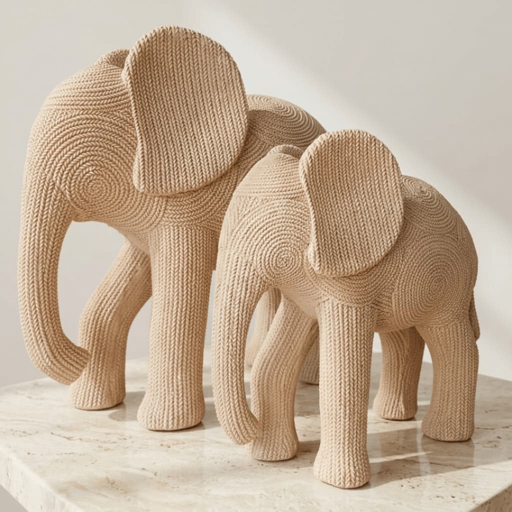 Kit Elefantes Decorativos Textura Crochê M e G em Gesso Premium | Escultura Boho Minimalista