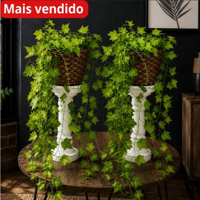 1 Kit Vaso trançado + 2 Planta Pendurada Verde Artificial Parede Varanda Pendente Enfeite