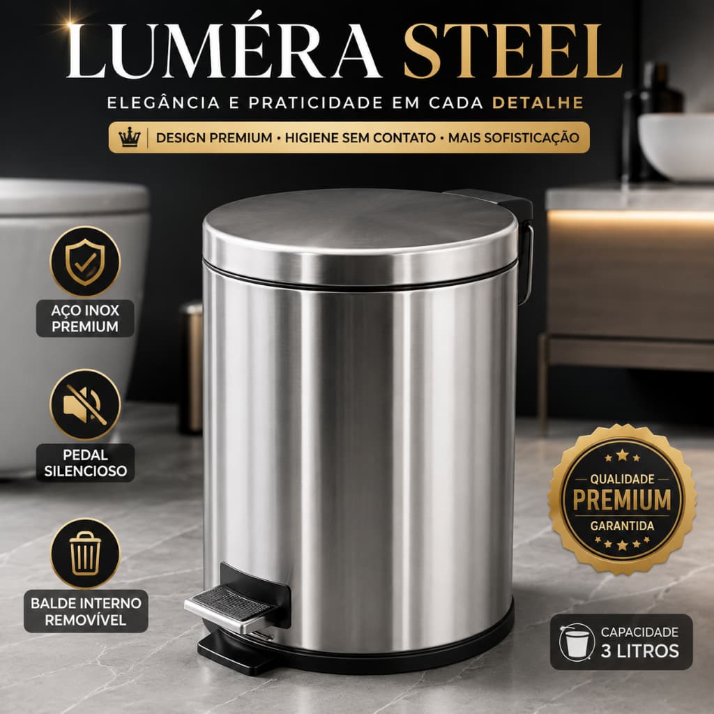 “Lixeira Inox 3L com Pedal Luméra Steel Balde Removível Banheiro Cozinha Premium”