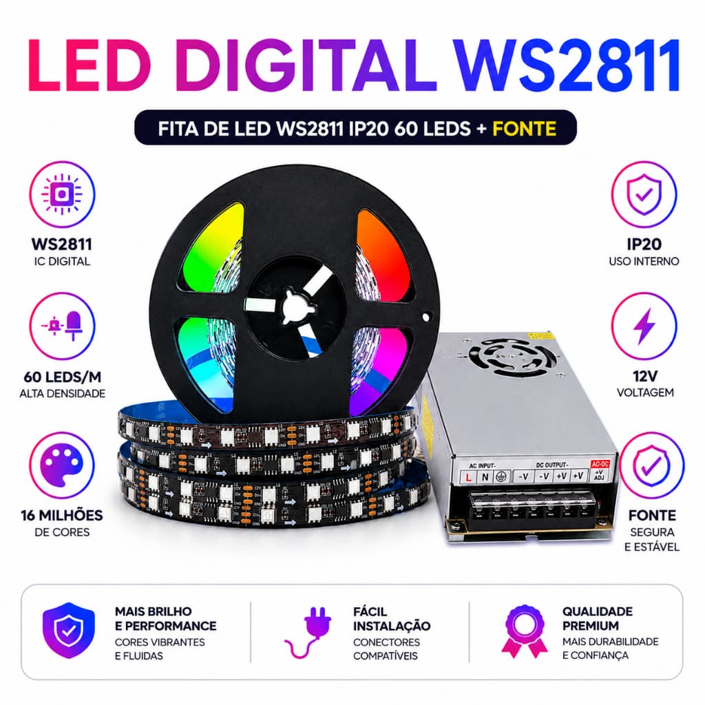 Kit Fita Led WS2811 Rgb Digital Endereçável 60 Leds Rolo 5m IP20  + Fonte Chaveada Para Led