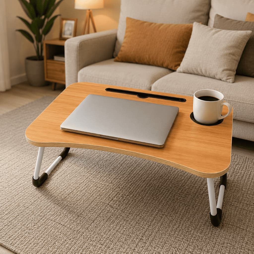 Mesa para Notebook Multiuso Marfim Preto Dobrável Portátil Home Office Estudo