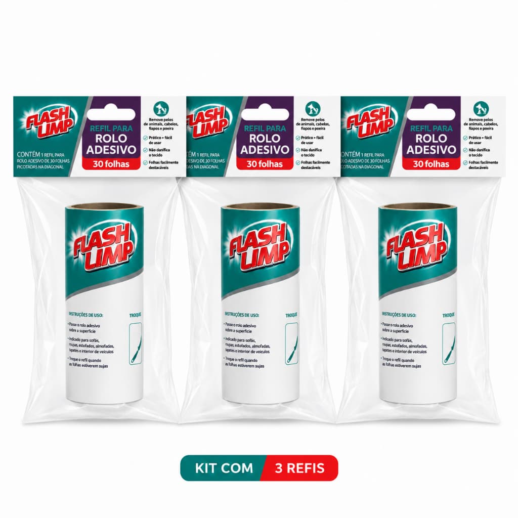 Refil Rolo Adesivo Tira Pelos Flash Limp 30 Folhas (Kit ou Individual)