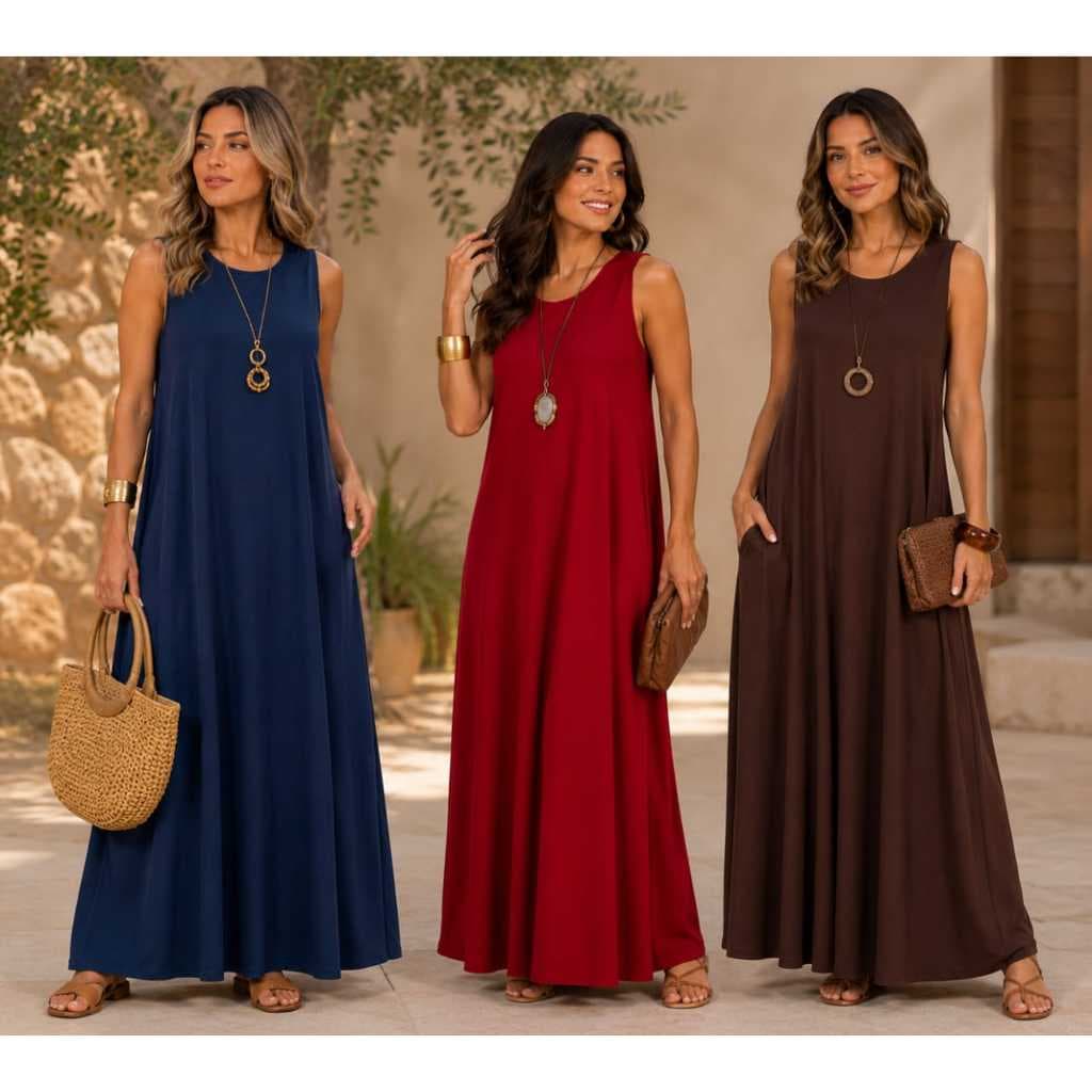 Vestido Feminino para frio e calor sem manga com bolso - 506