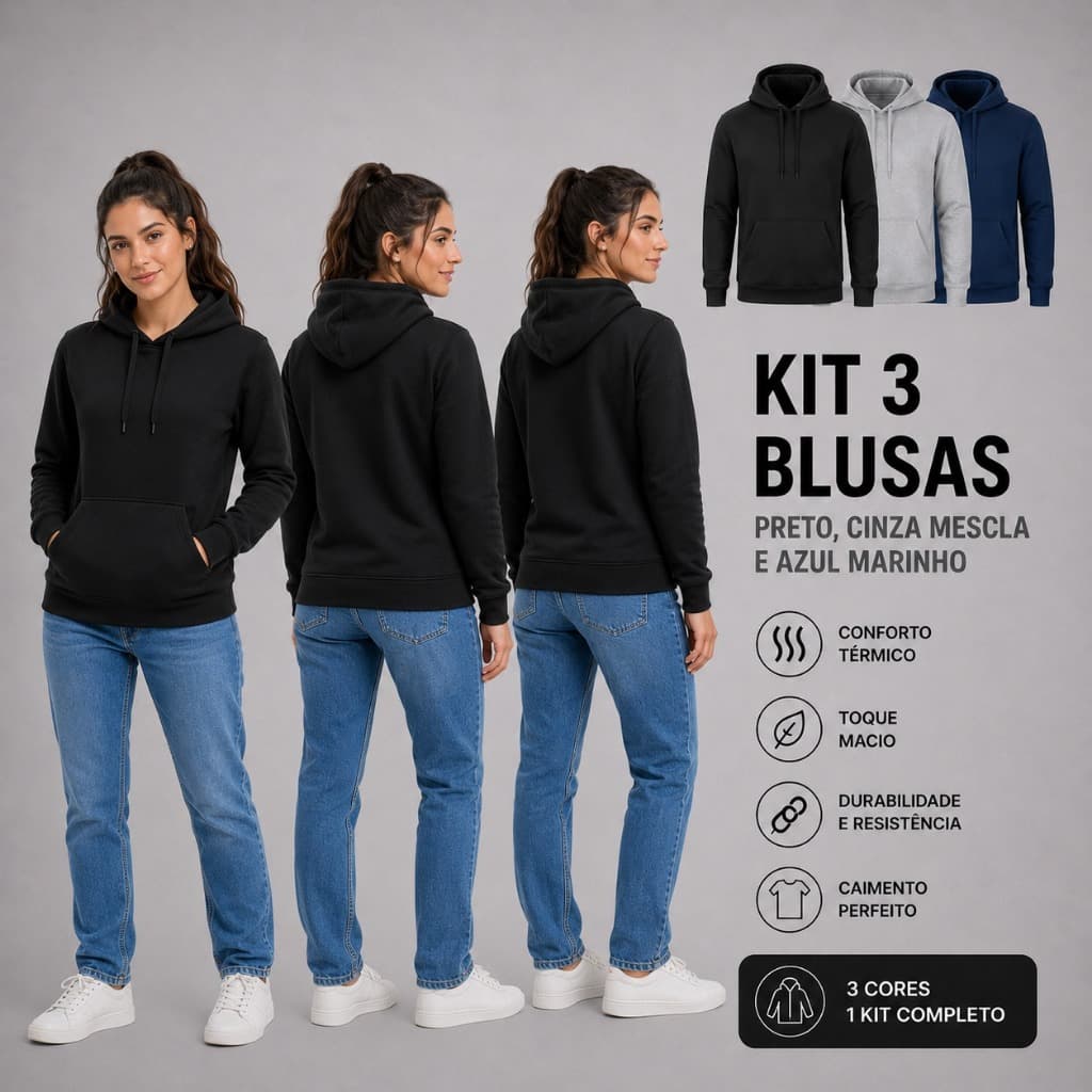 Kit 3 Moletom Feminino Lisa Capuz Frio Flanelado Bolso Blusa