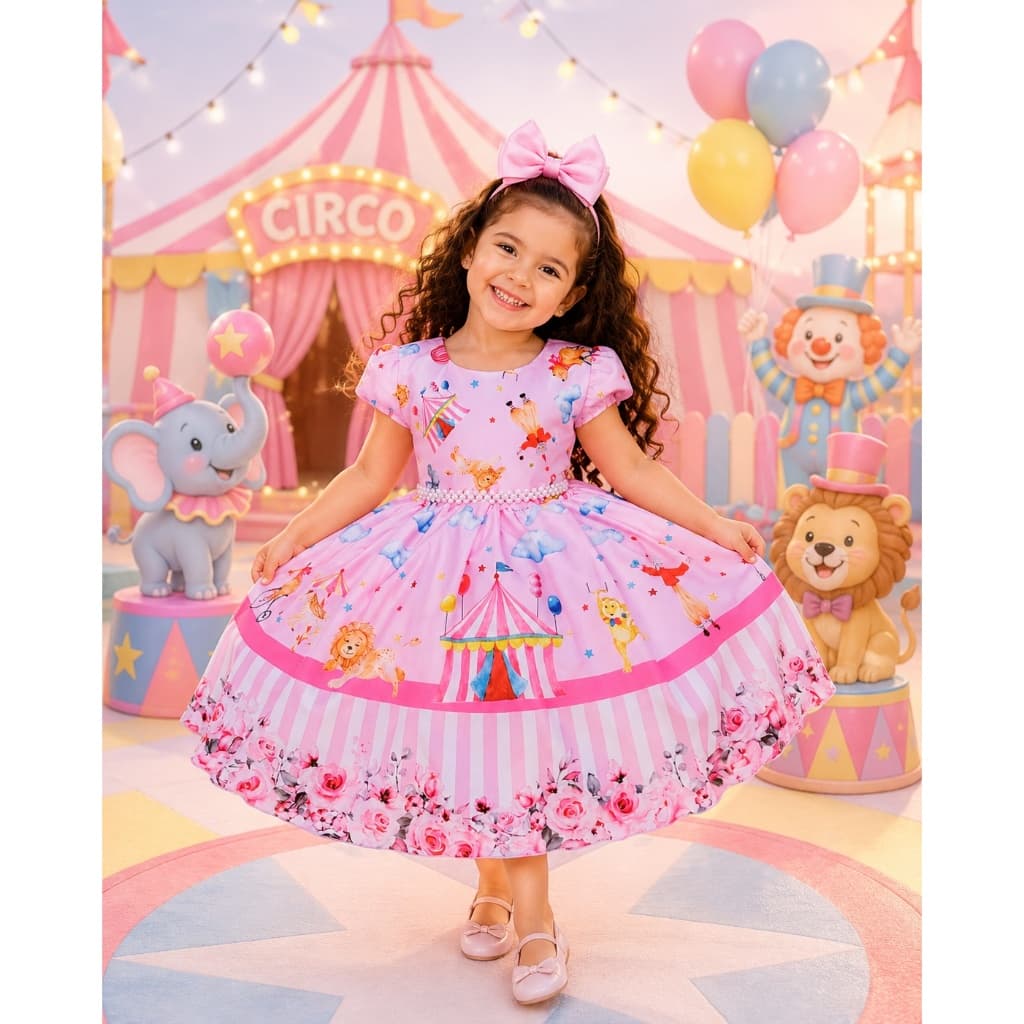 Vestido Circo Rosa Luxo Festa Aniversário Temático Princesa Meninas de 1 a 4 anos