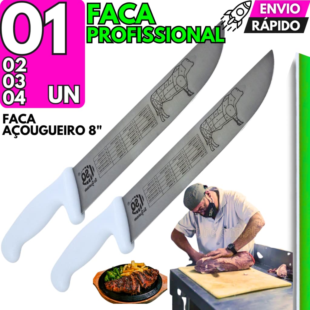Faca Churrasco Açougueiro Churrascaria 33cm 8 Pol Aço Inox Afiada Açougue