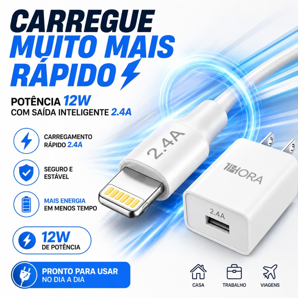 Carregador Rápido iPhone 12W 2.4A Cabo Lightning USB Kit Fonte Turbo Apple