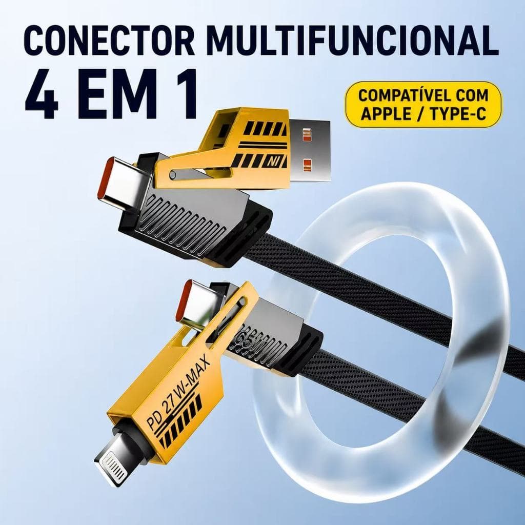 Cabo 4 em 1 Turbo PD 65W/27W Interface Niquelada USB Multifuncional para Celular e Notebook 1.2metro