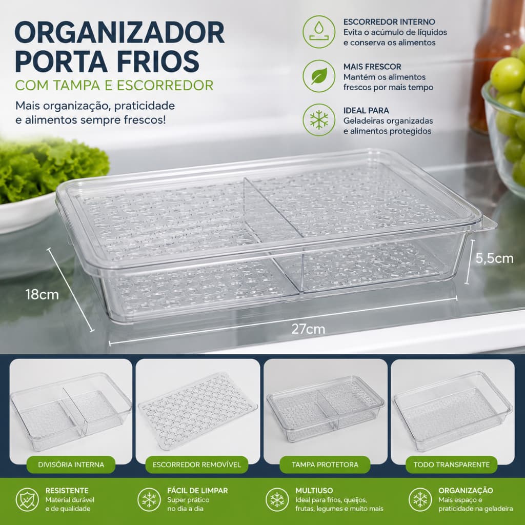 Organizador Porta Frios UZ Geladeira Transparente Com Tampa Escorredor Multiuso Queijo Presunto Frutas