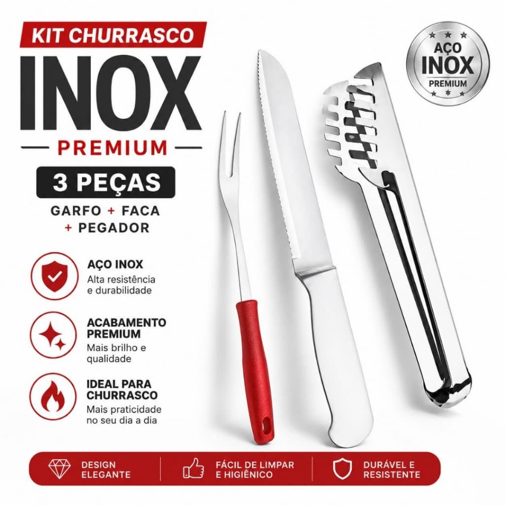 KIT GARFO TRINCHANTE PARA CHURRASCO, FACA PÃO SERRILHADO E PEGADOR DE MASSAS MULTIUSO EM INOX, COZINHA PADARIA E BUFFET
