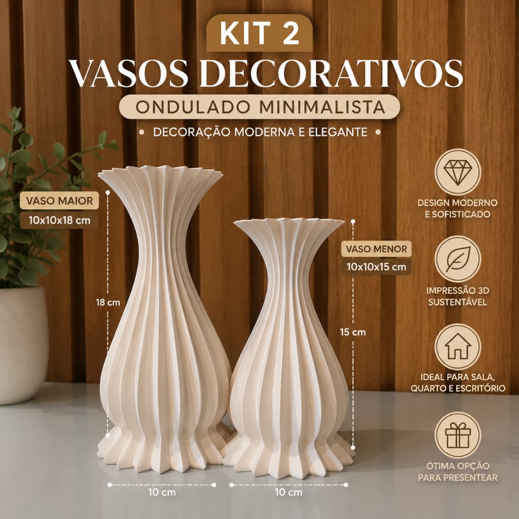 Kit Vasos Decorativo Ondas Minimalistas para Sala, Mesa e Nicho, Bege