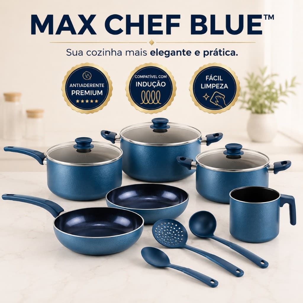 Jogo de Panelas Antiaderente 9 Peças Azul Cerâmica Premium Indução Fogão Gás Elétrico Max Chef Blue™ Fratelli