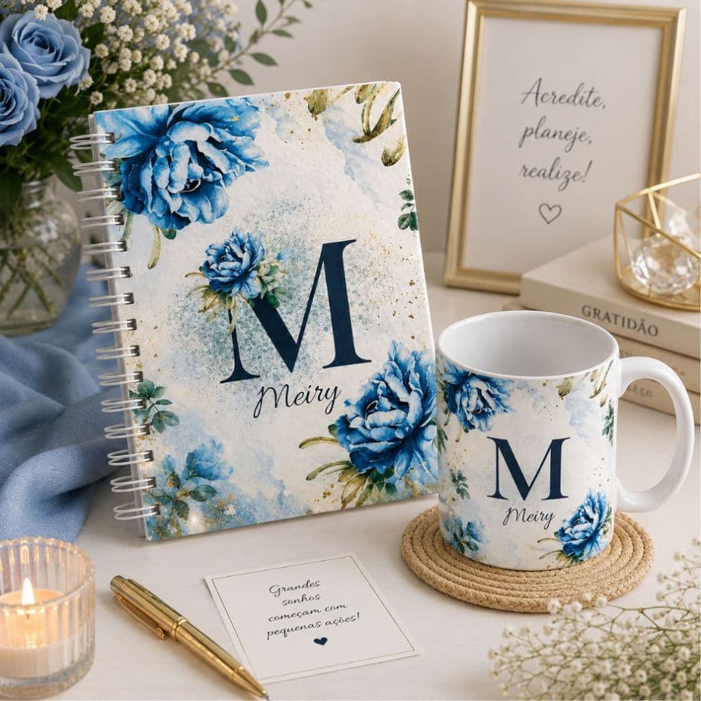 Caderno + Caneca inicial FLORAL Capa Dura Tamanho A5 Personalizado 100 Folhas - 200 Página AZUL