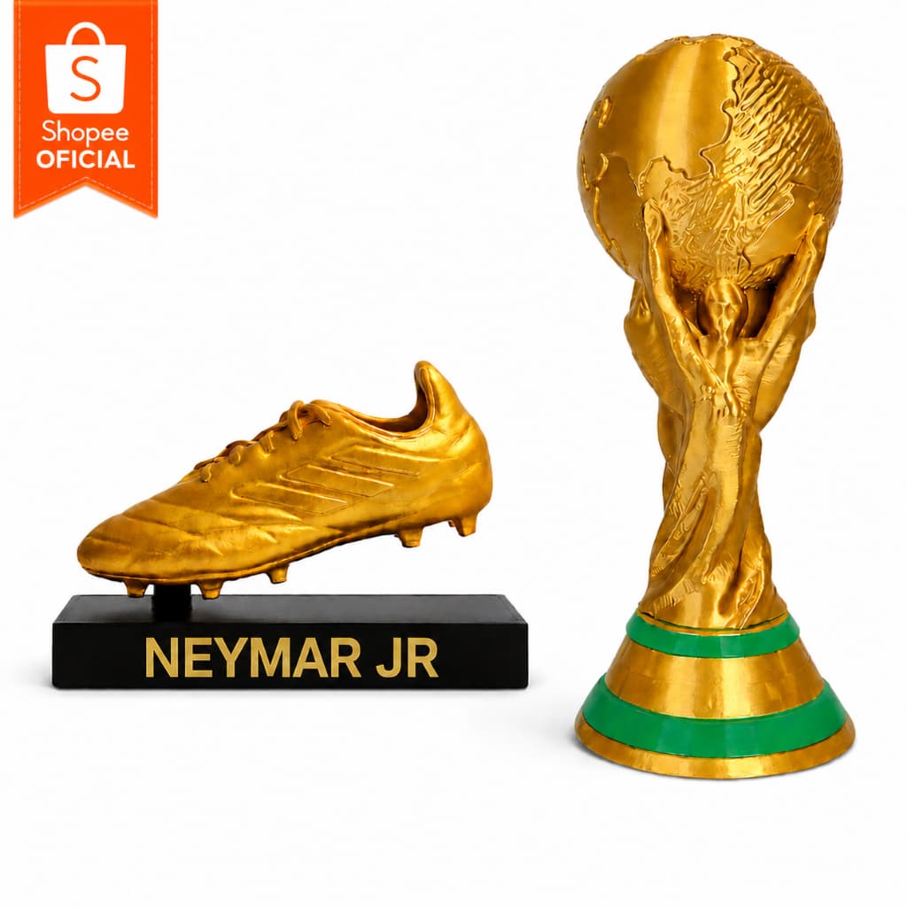 Kit Troféu Personalizado | Taça Copa do Mundo + Troféu Chuteira de Ouro Personalizado Neymar Jr | Decoração Premium