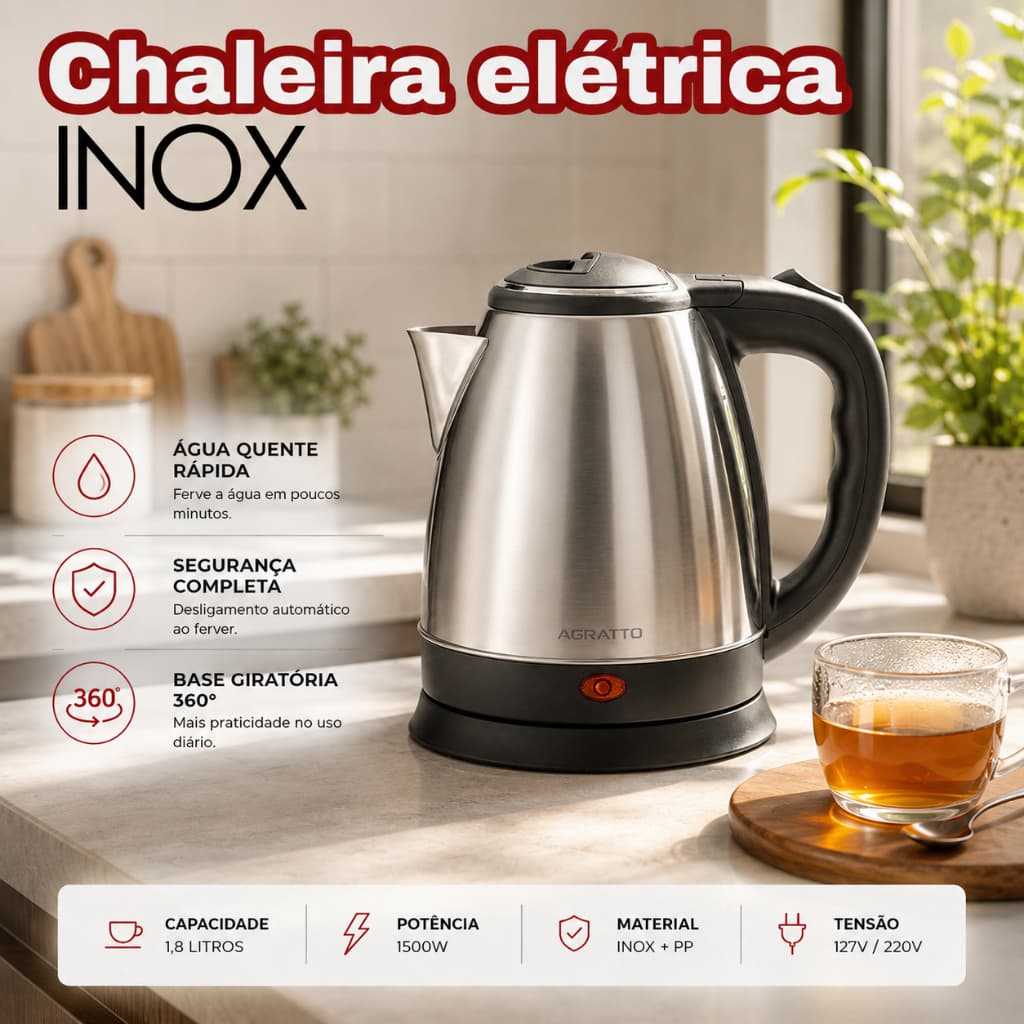 Xaleira Elétrica Inox 1,8l Chaleira Elétrica Chaleira Inox Térmica Chaleira 127v Bule Jarra Chá