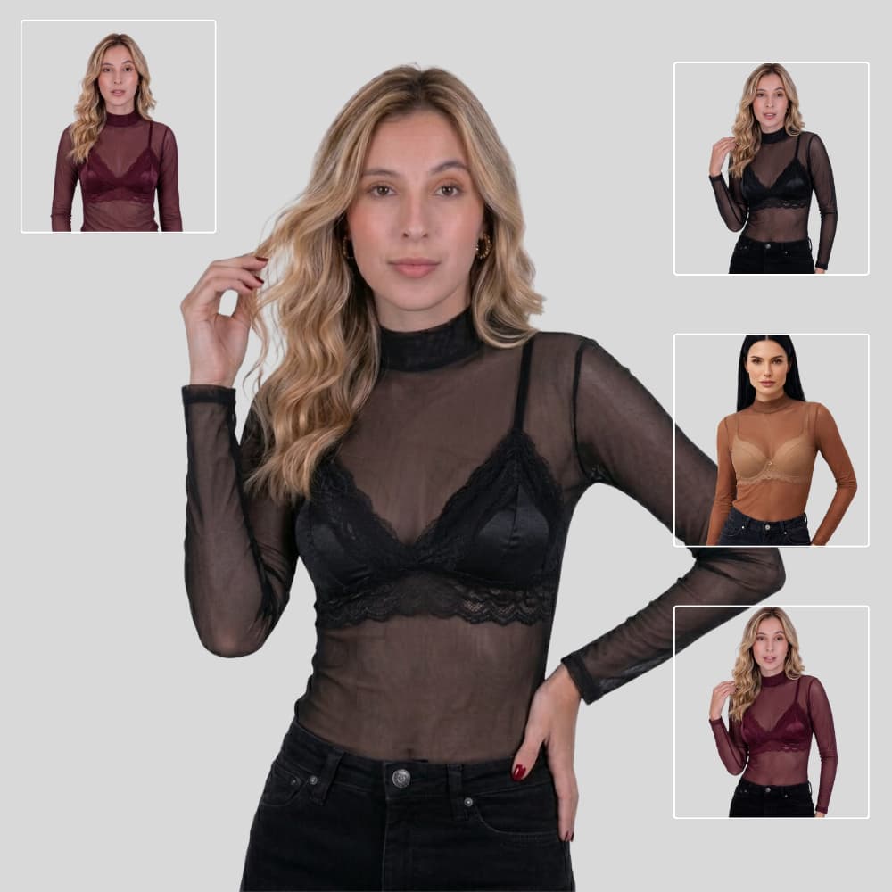 Blusa Feminina Tule Manga Longa Gola Alta Transparente Moda Inverno