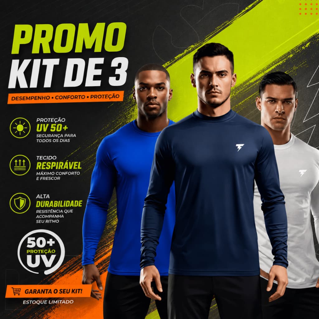 3 Camisa Masculina Manga Longa Uv 50+ Toque Fresco Dry Fit Academia Praia Corrida Ciclismo Pesca